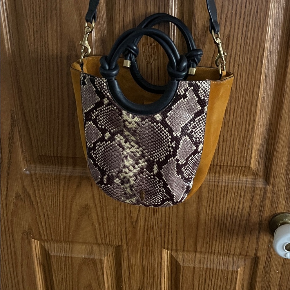 THACKER Snake Print Shoulder Bag navy and mustard